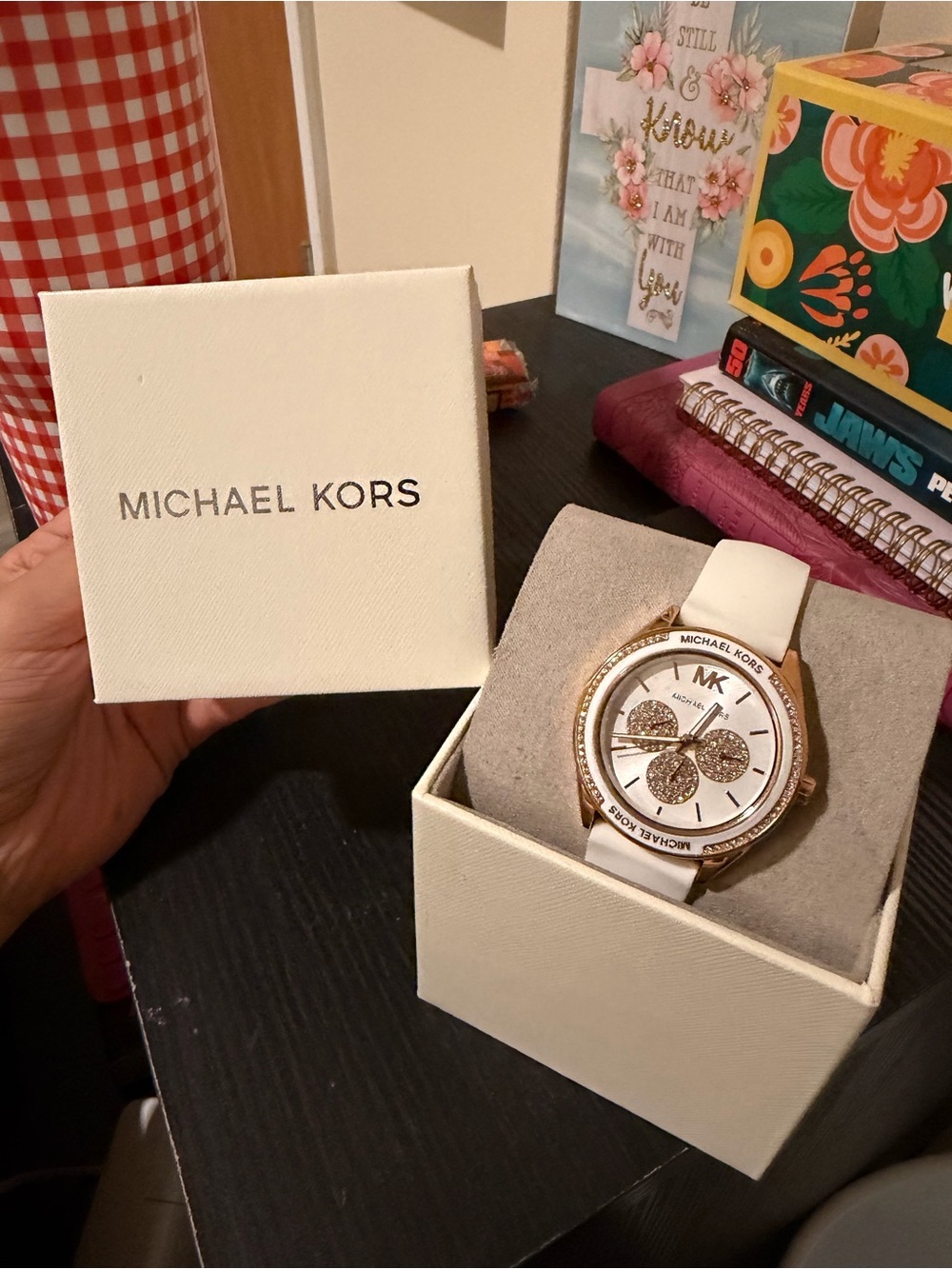 Michael Kors White Strap Watch with Rose Gold Accents and Crystal Dial